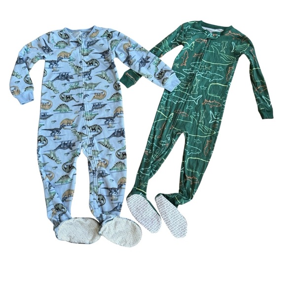 4T Toddler Boys Footed Pajama Set 2PC Cotton Fleece Full Zip Sharks Dinosaurs - Picture 1 of 5